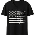 Black Second Amendment V-neck t-shirt featuring distressed American flag graphic made from rifle silhouettes. Patriotic freedom-inspired graphic tee with soft fabric, modern casual fit, and bold monochrome design for everyday wear.