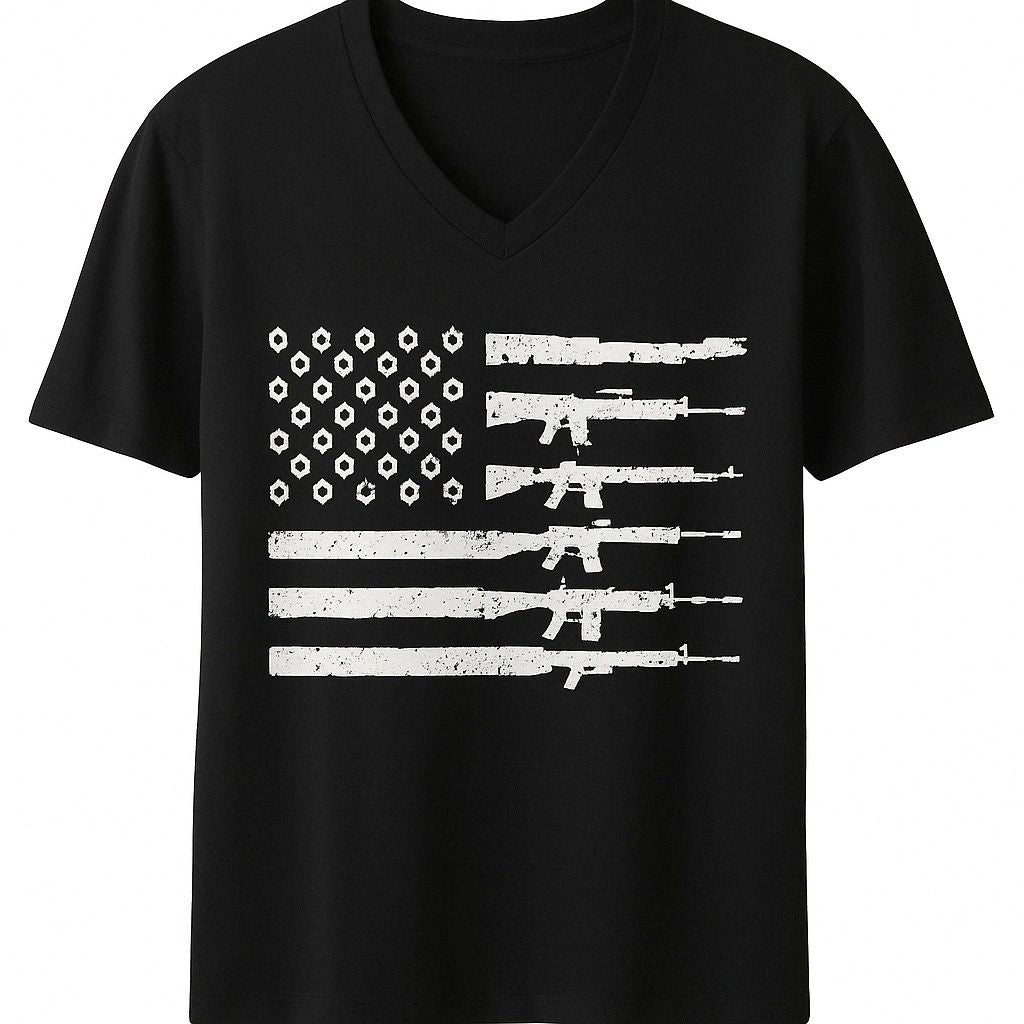 Black Second Amendment V-neck t-shirt featuring distressed American flag graphic made from rifle silhouettes. Patriotic freedom-inspired graphic tee with soft fabric, modern casual fit, and bold monochrome design for everyday wear.