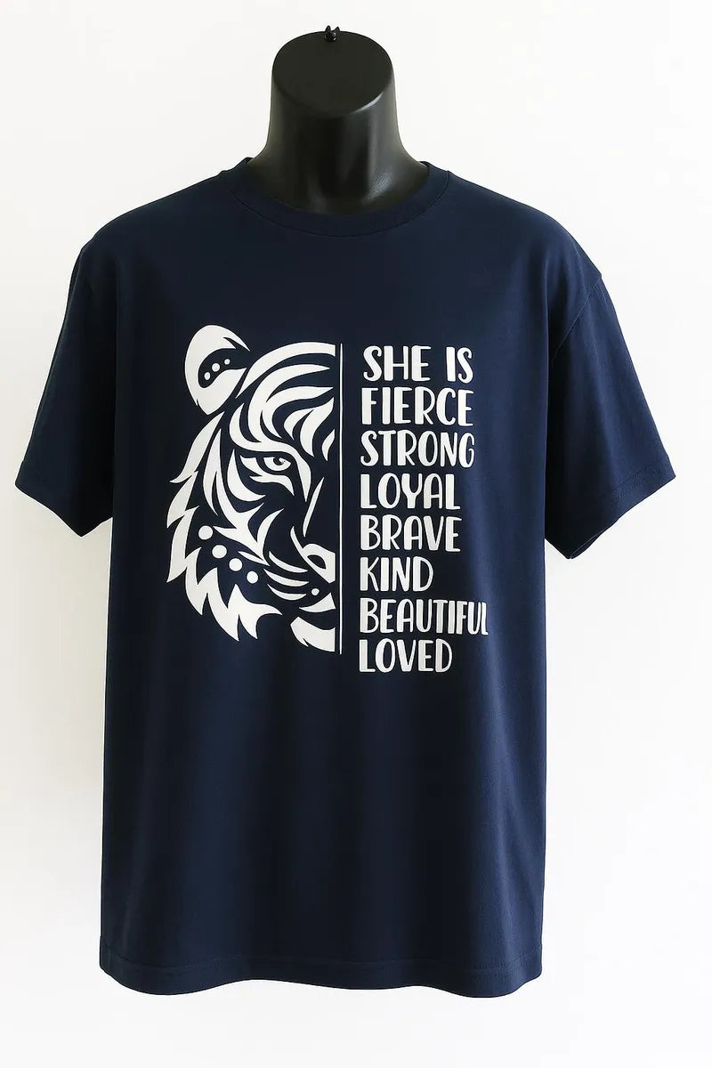 Navy blue women's graphic t shirt featuring a white tiger face design with empowering words including fierce, strong, loyal, brave, kind, beautiful, and loved