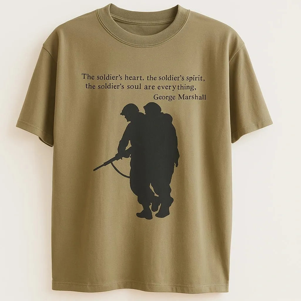 Olive green silhouette quote graphic short sleeve t-shirt featuring soldier silhouette artwork with inspirational quote design for casual unisex everyday wear by LB AND SK DESIGN SHOP