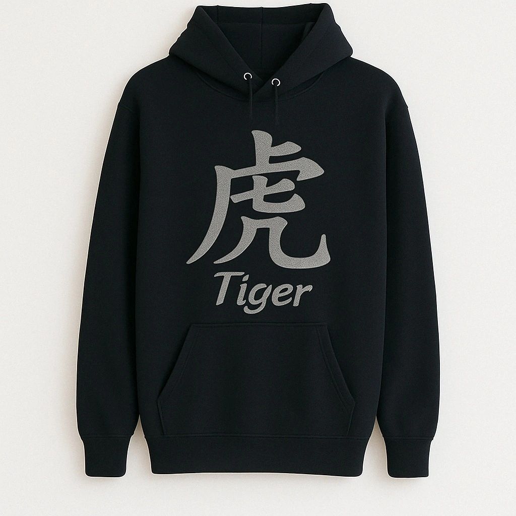 Black unisex hoodie featuring a bold silver Japanese tiger character on the front and an intricate silver tiger illustration on the back for modern streetwear style.