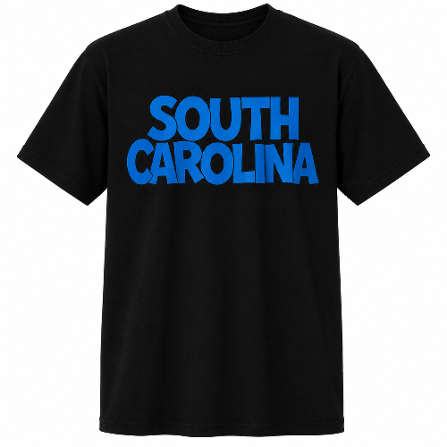 Black South Carolina graphic T-shirt featuring bold blue lettering on a white background.