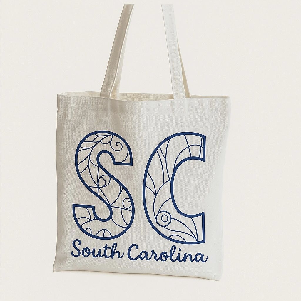 White South Carolina SC tote bag with decorative blue line art lettering design. Lightweight reusable canvas tote perfect for shopping, travel, errands, beach trips, state pride gifts, tourist souvenirs, and everyday use.