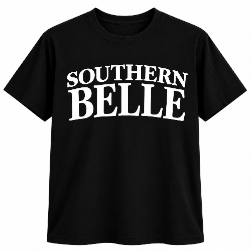 Black Southern Belle graphic T-shirt with bold white vintage-style lettering.