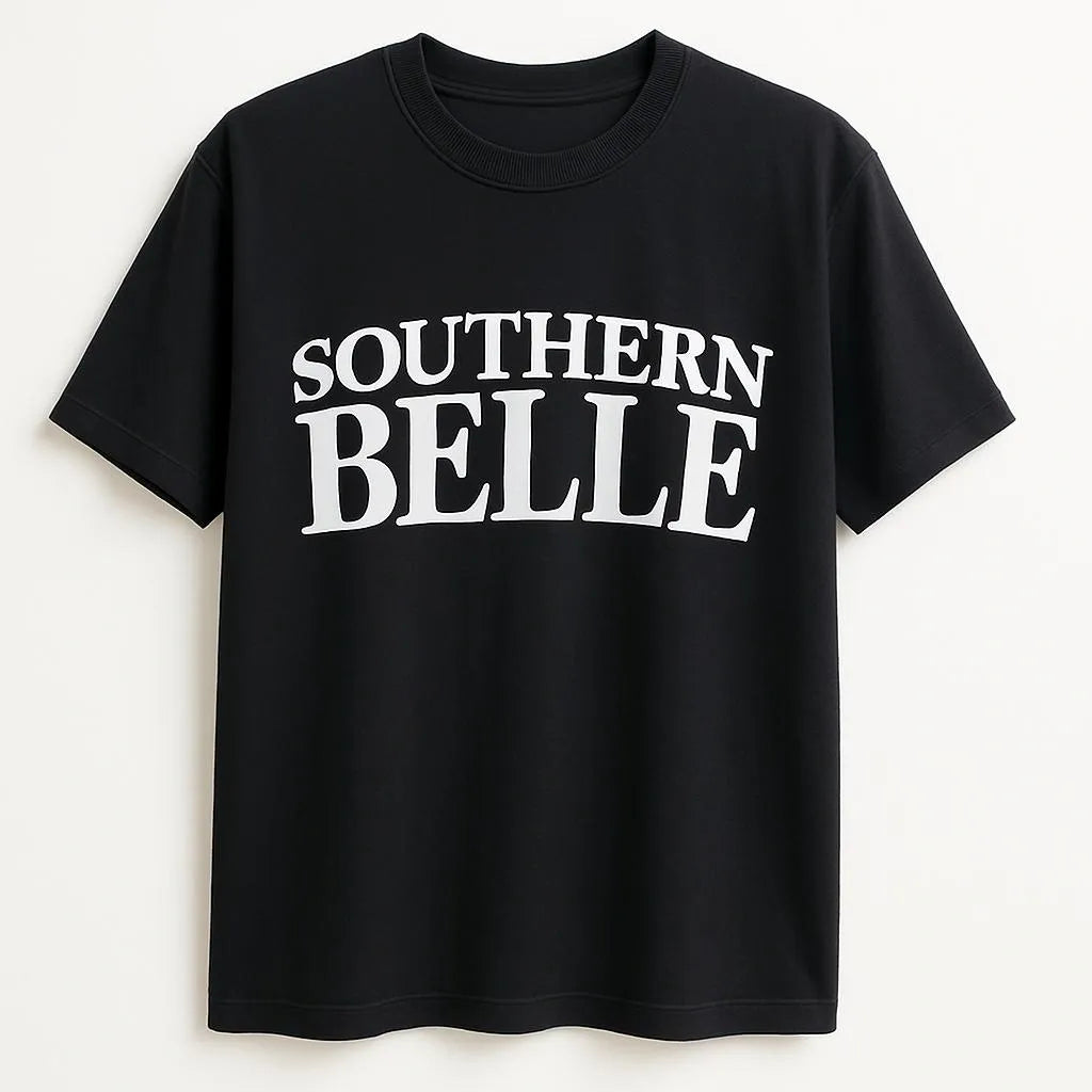 Black t-shirt with 'SOUTHERN BELLE' text on a white background