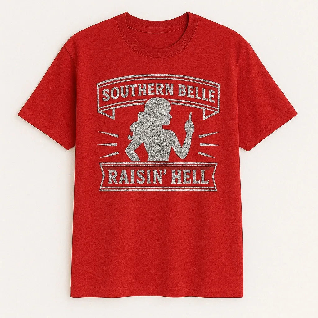 Red graphic T-shirt with “Southern Belle Raisin’ Hell” statement design displayed on a plain background