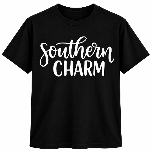 Black Southern Charm graphic T-shirt with bold white script and lettering.