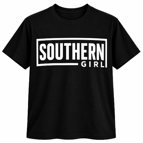 Black Southern Girl graphic T-shirt with bold white boxed lettering.