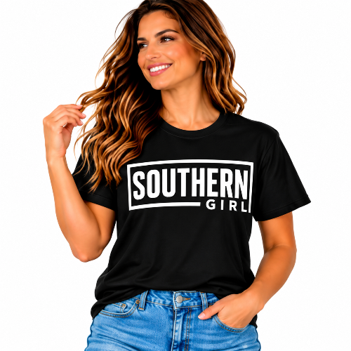 Woman wearing a black Southern Girl graphic T-shirt with bold white lettering and blue jeans.