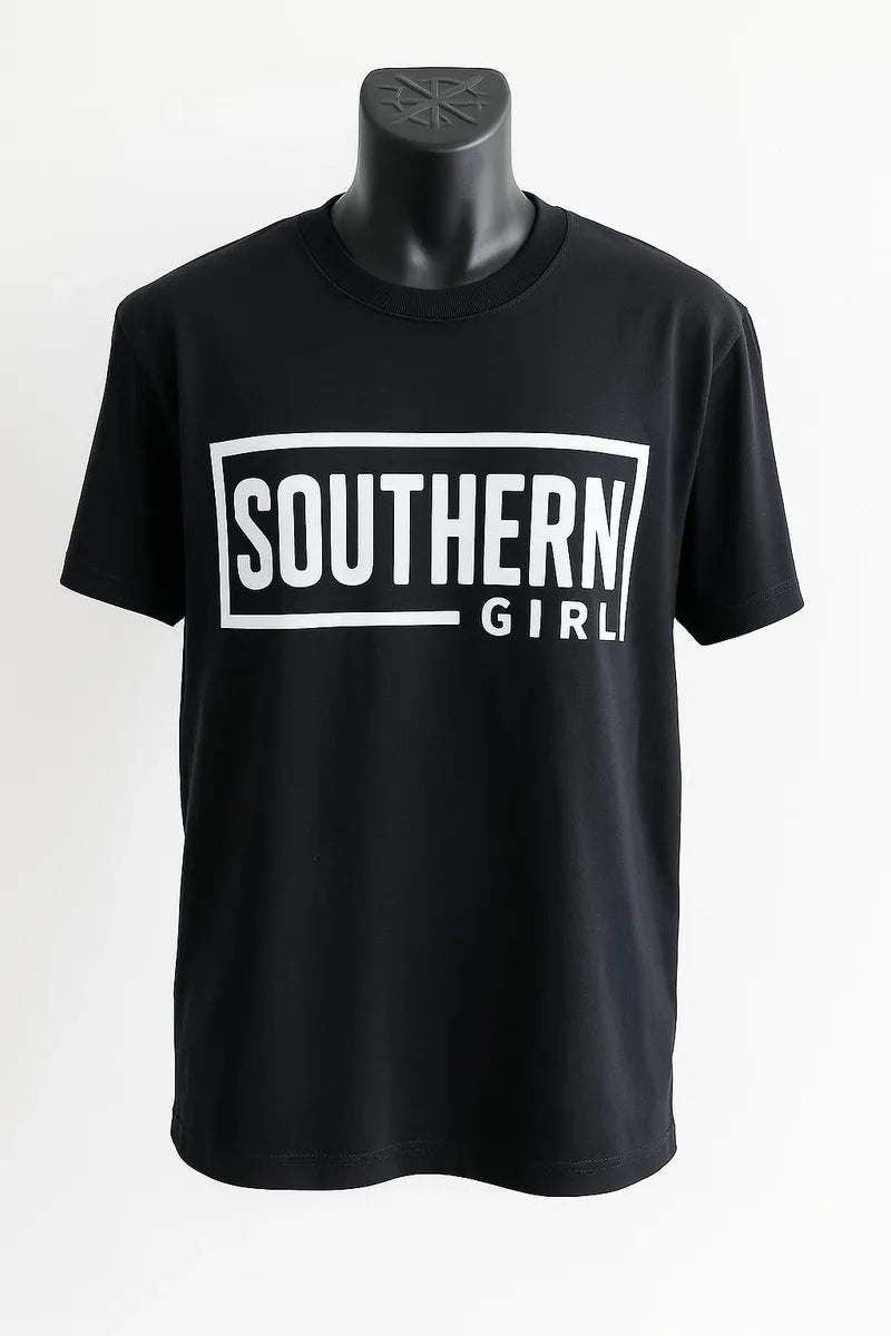 Black graphic t-shirt featuring Southern Girl typography design in white lettering, stylish southern-inspired casual tee for everyday wear.