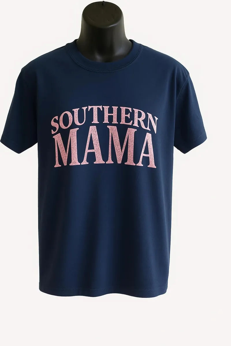 Navy blue graphic T-shirt with large pink “Southern Mama” text design displayed on a mannequin against a white background
