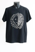 Black t-shirt with a white lion design on a mannequin against a white background