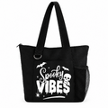 Black Spooky Vibes Halloween tote bag with white skull, bats and spider graphic, shoulder straps and side mesh pocket