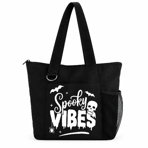 Black Spooky Vibes Halloween tote bag with white skull, bats and spider graphic, shoulder straps and side mesh pocket