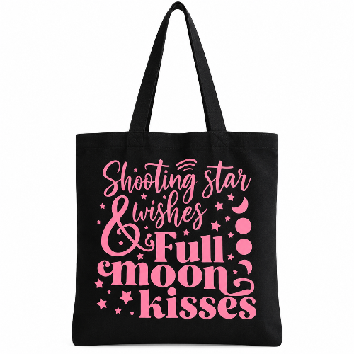 Black cotton tote bag with pink Shooting Star Wishes and Full Moon Kisses celestial moon and stars design.