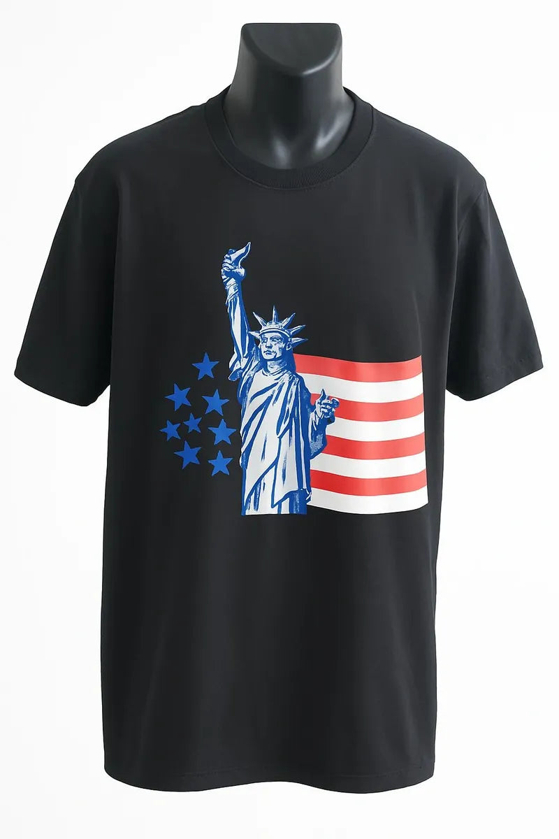 Black short sleeve graphic t-shirt featuring Statue of Liberty and American flag design, patriotic unisex streetwear tee by LB AND SK DESIGN SHOP