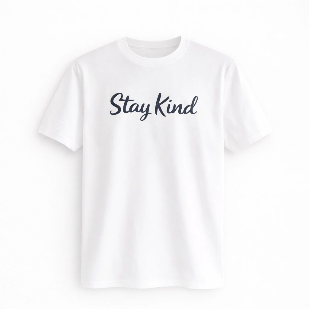 White unisex graphic T-shirt featuring a minimalist Stay Kind script typography design on the front.