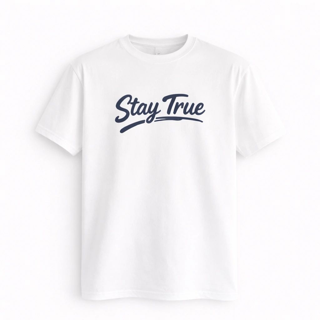 Minimalist Stay True graphic T-shirt featuring a clean script design on a soft unisex tee. Comfortable everyday apparel with a timeless positive message.