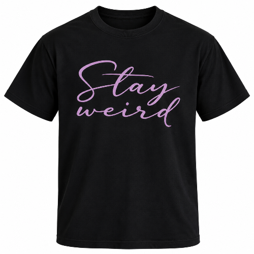 Black Stay Weird graphic T-shirt with purple script lettering across the front.