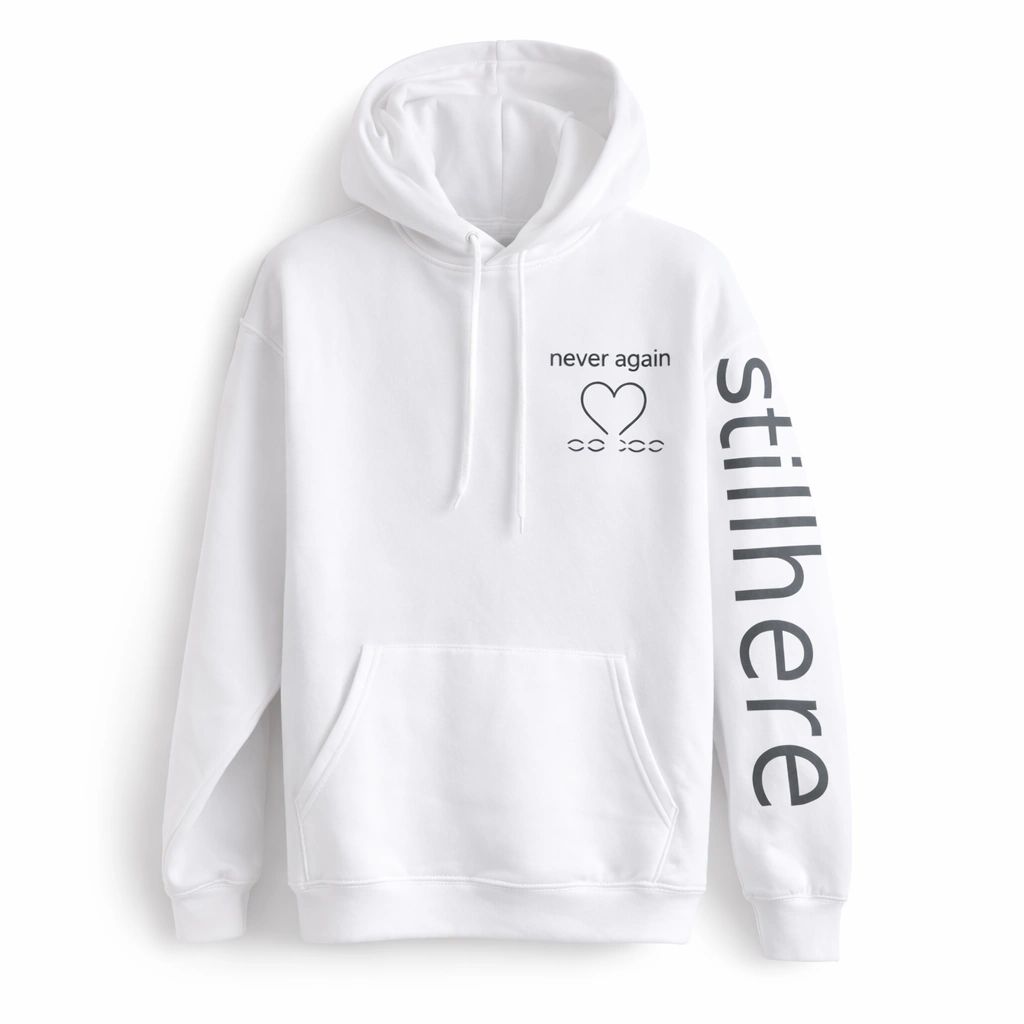 White unisex hoodie featuring a minimalist vertical Still Here typography design for everyday casual wear, streetwear, and modern fashion.