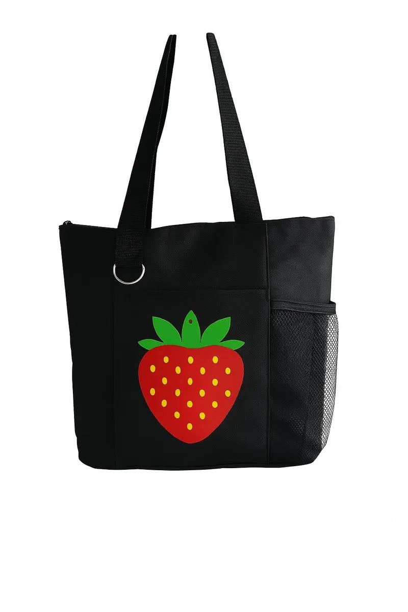 Black reusable tote bag with red strawberry graphic design, shoulder tote for shopping, travel, farmers market trips, everyday carry, summer fashion, fruit lovers, and casual lifestyle accessories