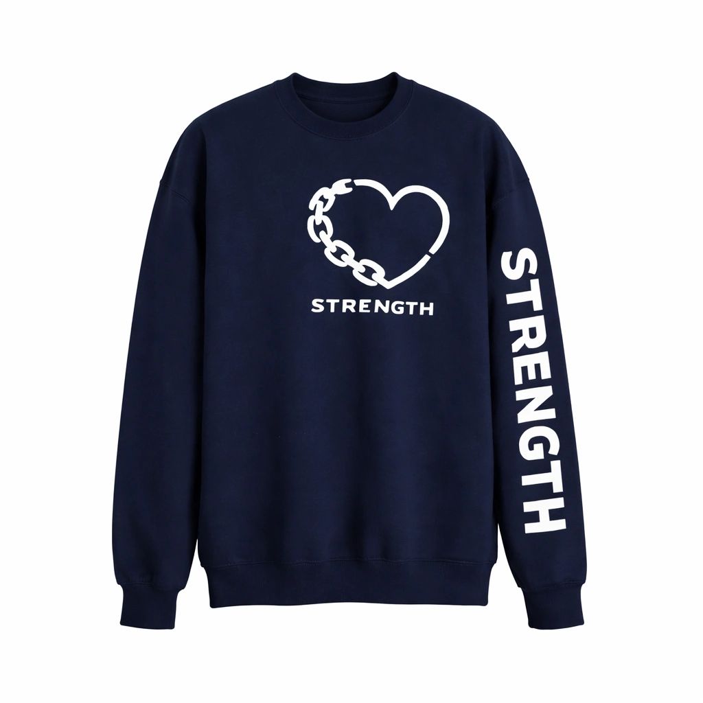 Navy unisex crewneck sweatshirt featuring a heart and dumbbell graphic with the word "Strength" in a bold vertical design. Cozy fleece pullover for everyday comfort.