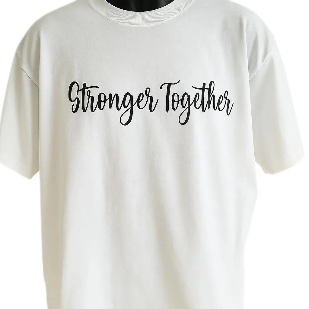 White graphic t-shirt featuring the phrase "Stronger Together" in elegant black script lettering, inspirational unisex graphic tee for everyday wear.