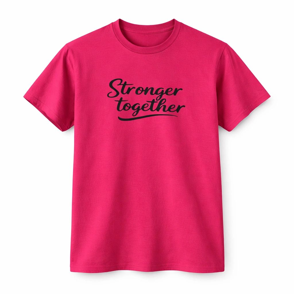 Pink unisex graphic T shirt featuring the words Stronger Together in stylish script lettering with an uplifting unity and encouragement design.