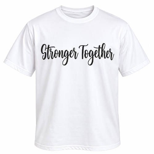 White Stronger Together graphic T-shirt with black script lettering across the front.