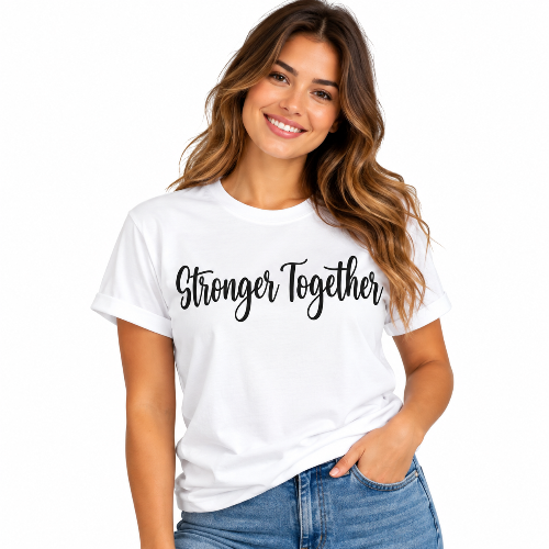 Woman wearing a white Stronger Together graphic T-shirt with black script lettering.