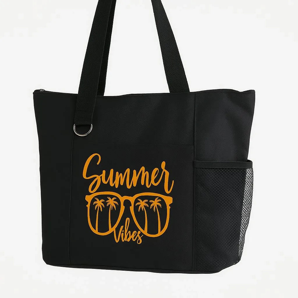Black reusable tote bag featuring a yellow Summer Vibes design with palm trees, lightweight shoulder tote for beach trips, travel, shopping, groceries, vacations, and everyday carry