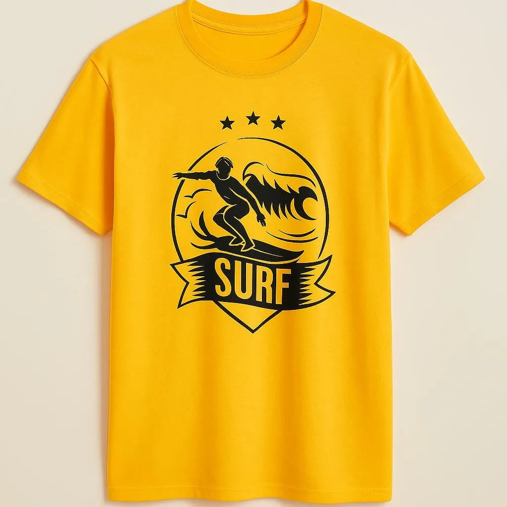 Yellow surf graphic short sleeve t-shirt with wave and surfboard inspired design, casual unisex summer tee for beach style, surf lifestyle, and everyday streetwear by LB AND SK DESIGN SHOP