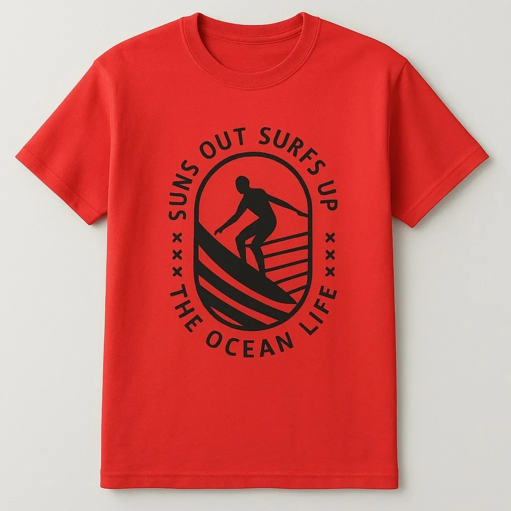 Red surf graphic short sleeve t-shirt with black surfer wave design on casual unisex tee for beachwear, summer outfits, and coastal streetwear style