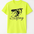Neon yellow graphic T-shirt with black surfing design and script text displayed on a plain background