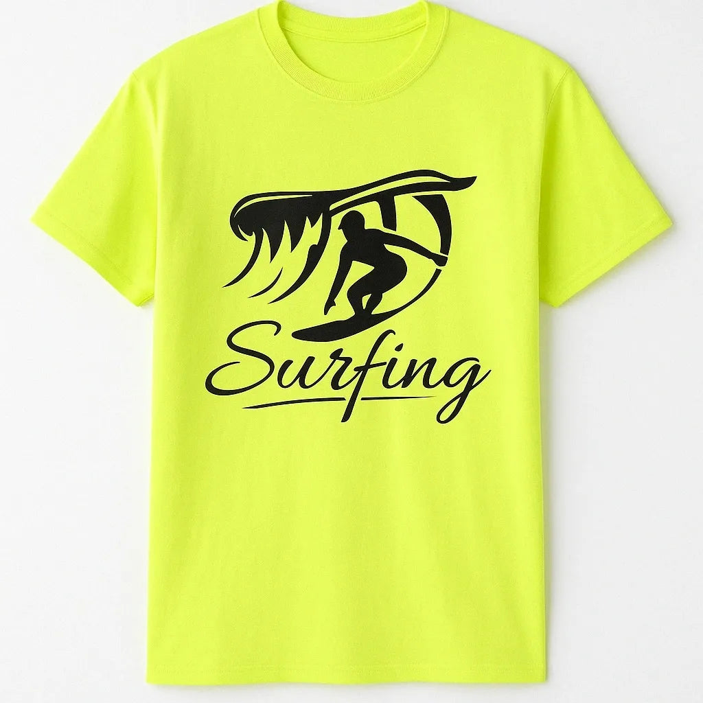 Neon yellow graphic T-shirt with black surfing design and script text displayed on a plain background