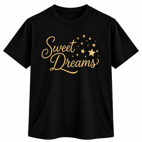 Black Sweet Dreams graphic T-shirt with gold script lettering and star design.