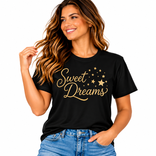 Sweet Dreams black graphic T-shirt with gold lettering and stars styled with blue jeans.