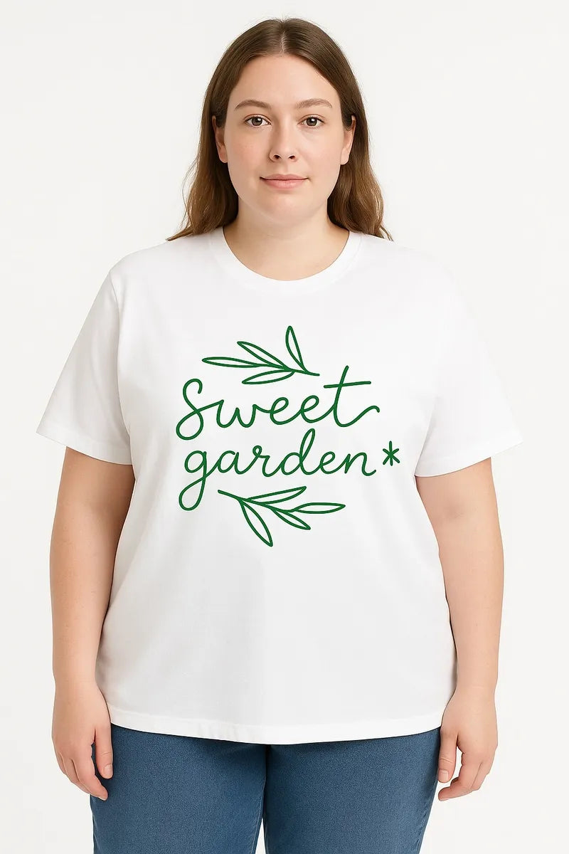 White graphic T-shirt featuring a soft green Sweet Garden text design with botanical-inspired styling. Comfortable unisex casual tee perfect for nature lovers, garden enthusiasts, and everyday wear.