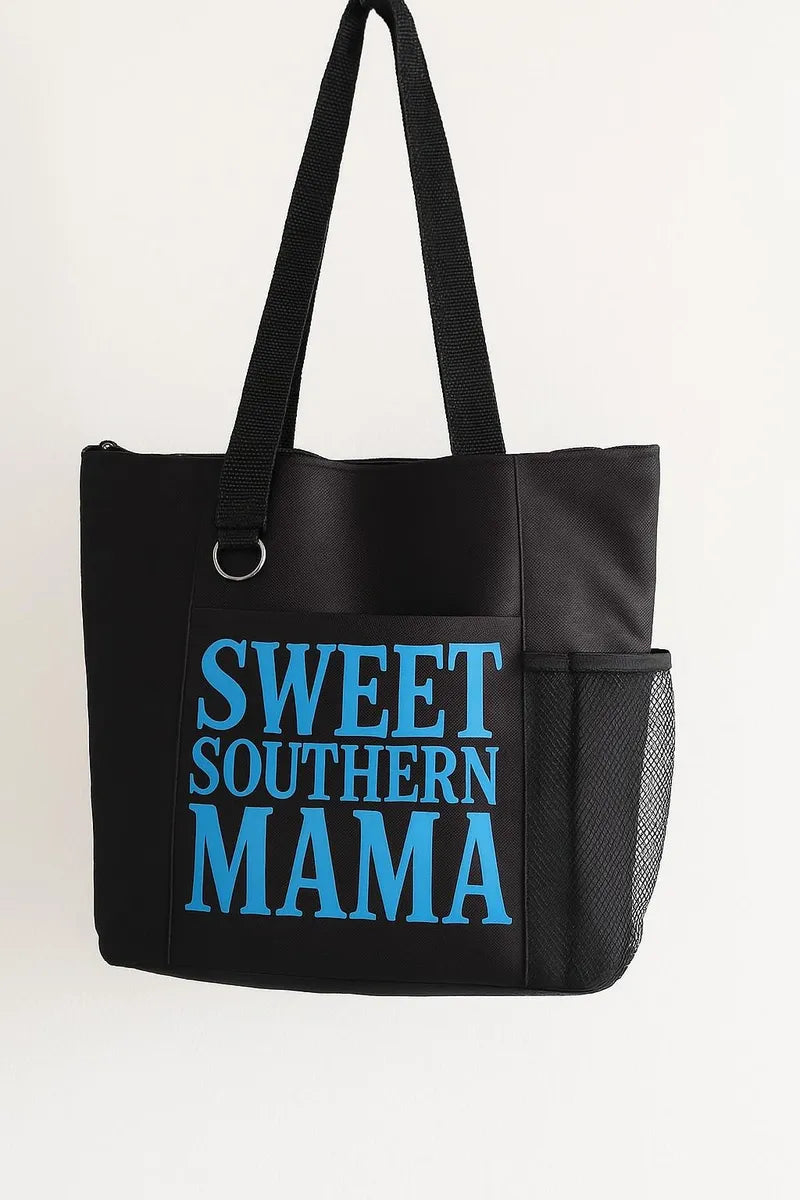 Black tote bag featuring the phrase "Sweet Southern Mama" in bold blue typography. Stylish reusable tote designed for proud southern moms. Perfect for shopping, errands, work, travel, books, groceries, and everyday essentials. Lightweight and durable with comfortable shoulder straps, making it a thoughtful gift for mothers who love southern charm, family values, and casual everyday style.