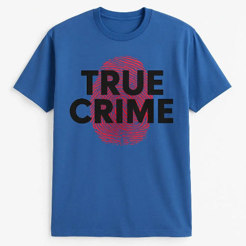 Blue graphic t-shirt featuring bold "TRUE CRIME" lettering over a distressed red fingerprint design. Comfortable casual tee created for true crime podcast listeners, mystery fans, crime documentary watchers, and everyday wear. Stylish unisex graphic shirt perfect for casual outfits, travel, lounging, and gifting.