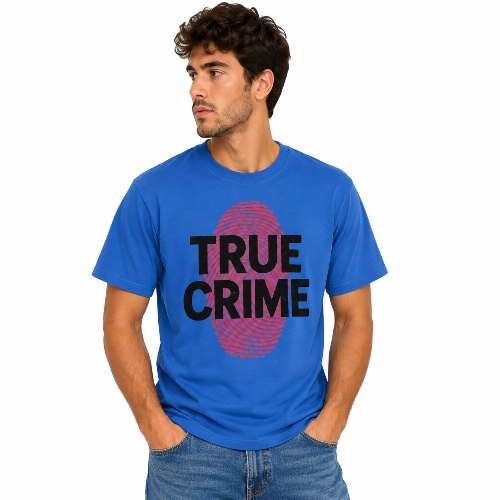 Blue True Crime graphic T-shirt with black text and red fingerprint design.