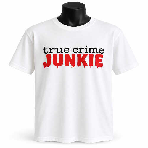 White True Crime Junkie T-shirt with black True Crime words and bold red Junkie print on the front