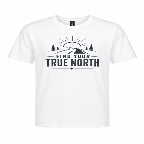 Find Your True North white graphic T-shirt featuring a minimalist road, sunrise, and pine tree design for hikers, campers, travelers, and outdoor adventure lovers.