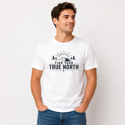 Find Your True North white graphic T-shirt featuring a minimalist road, sunrise, and pine tree design for hikers, campers, travelers, and outdoor adventure lovers.