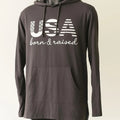 Black USA Born and Raised graphic hoodie featuring a patriotic text design inspired by American pride, casual comfort, and everyday wear.