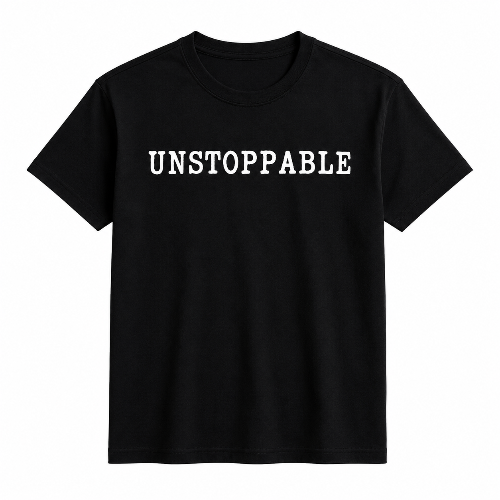 A black short-sleeve crewneck t-shirt with the word 'UNSTOPPABLE' printed in white capital letters across the chest, displayed on a solid white background.