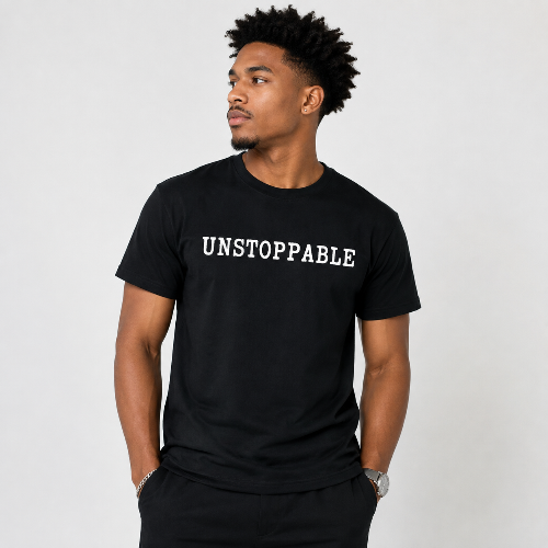 A man wearing a black crewneck t-shirt with the word 'UNSTOPPABLE' printed in white capital letters across the chest, posed against a light gray studio background.