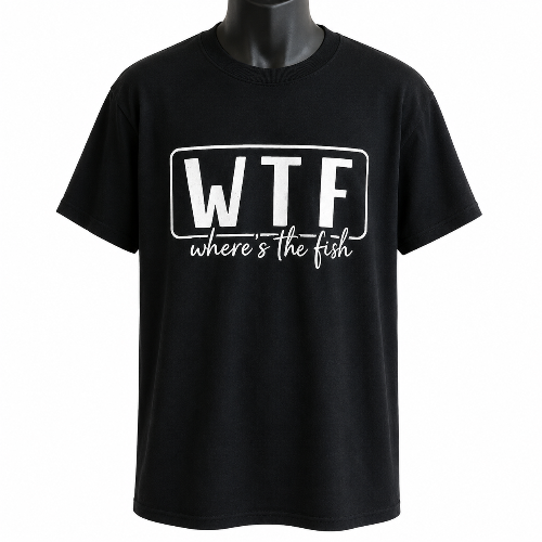 A black short-sleeve crewneck t-shirt displayed on a black mannequin torso against a plain white background. The front of the shirt features a white graphic print that reads 'WTF' in bold block letters inside a thin rectangular border, with the phrase 'where's the fish' written below in a cursive script.