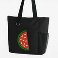 Black reusable tote bag featuring a colorful watermelon slice design, lightweight shoulder bag for shopping, travel, beach days, groceries, books, summer outings, and everyday carry