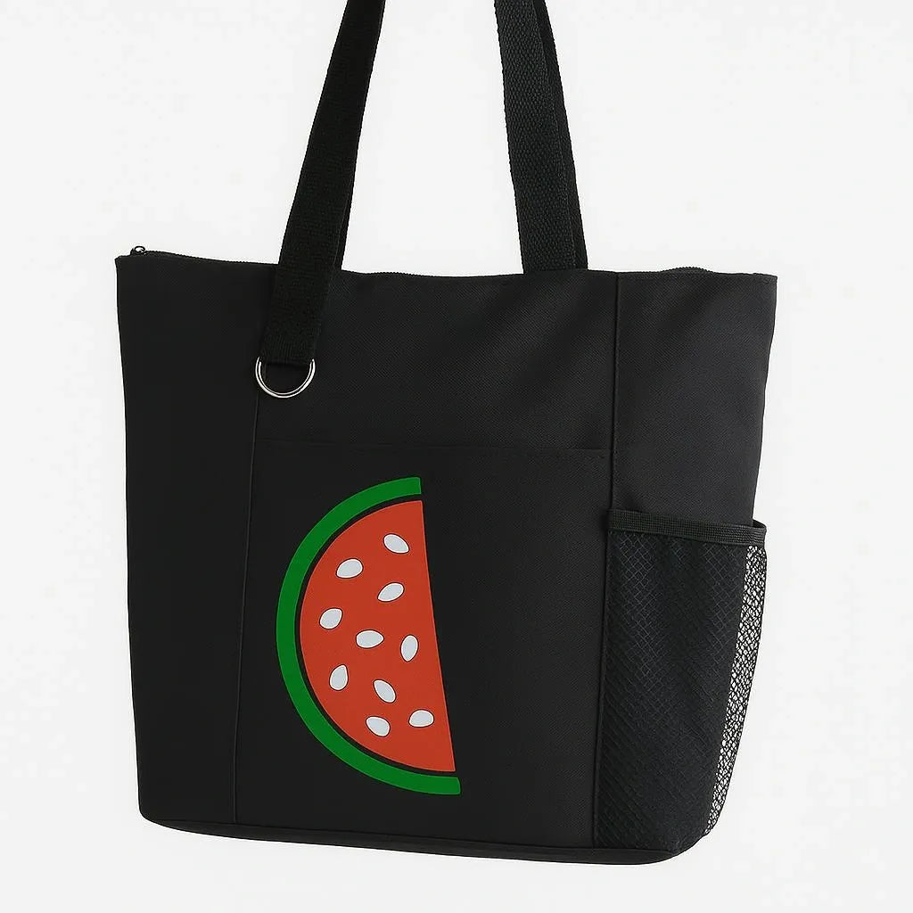 Black reusable tote bag featuring a colorful watermelon slice design, lightweight shoulder bag for shopping, travel, beach days, groceries, books, summer outings, and everyday carry